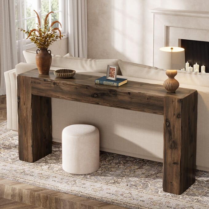 63-inch Solid Wood Console Table, Farmhouse Long Entryway Table