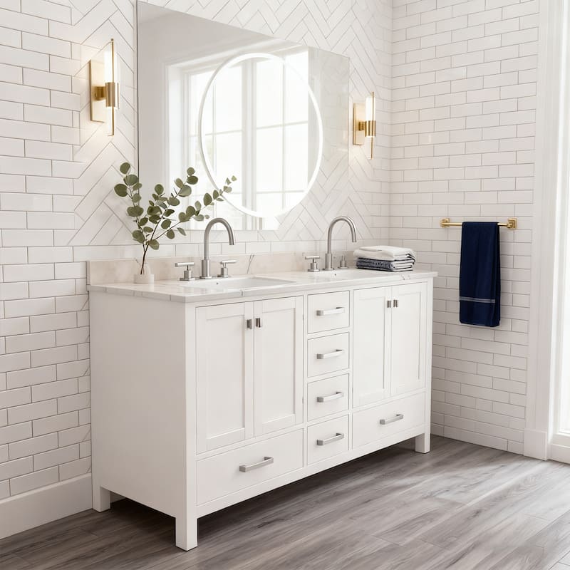Nephelily 60 inch Transitional White Bathroom Vanity, Double Sinks