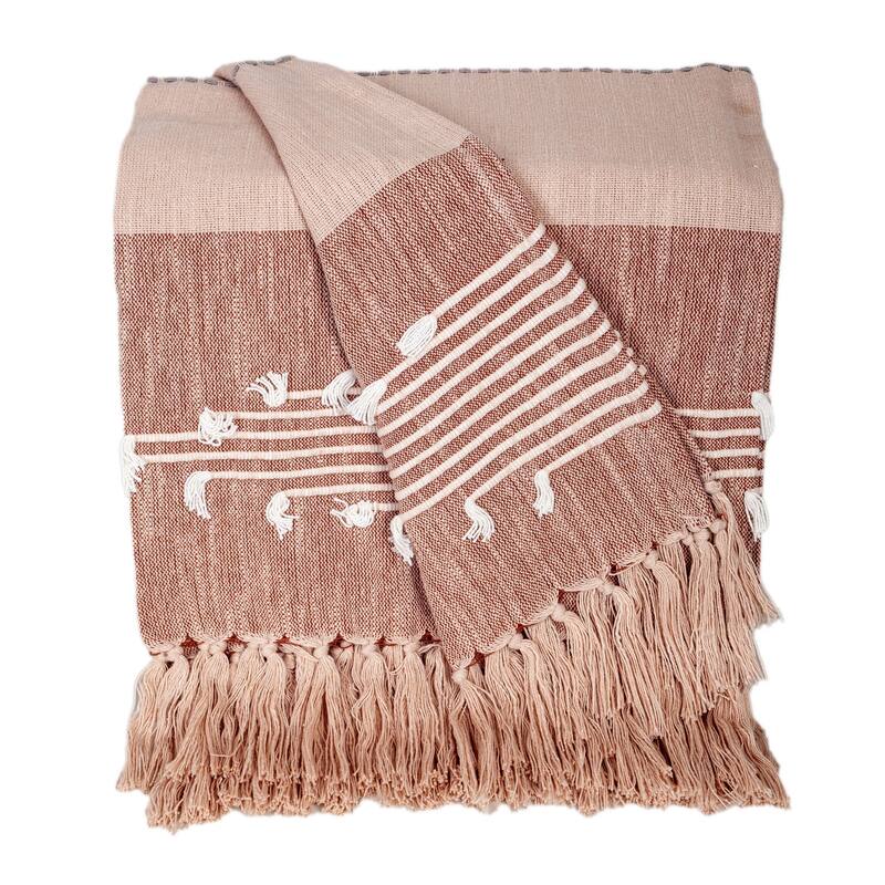 HomeRoots 50" X 60" Gray and Rust Woven Cotton Striped Throw Blanket with Fringe, Embroidery