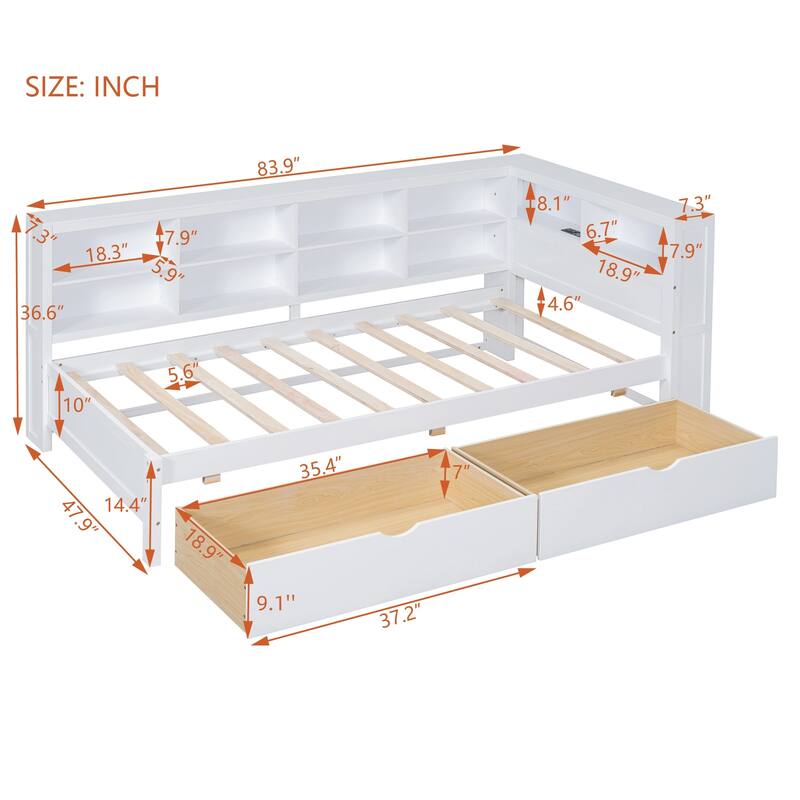 USB Ports on L-Shape Storage Headboard Bed Frame, Wooden DayBed Sofa Bed, Wooden Slat Platform Bed with 2 Drawers