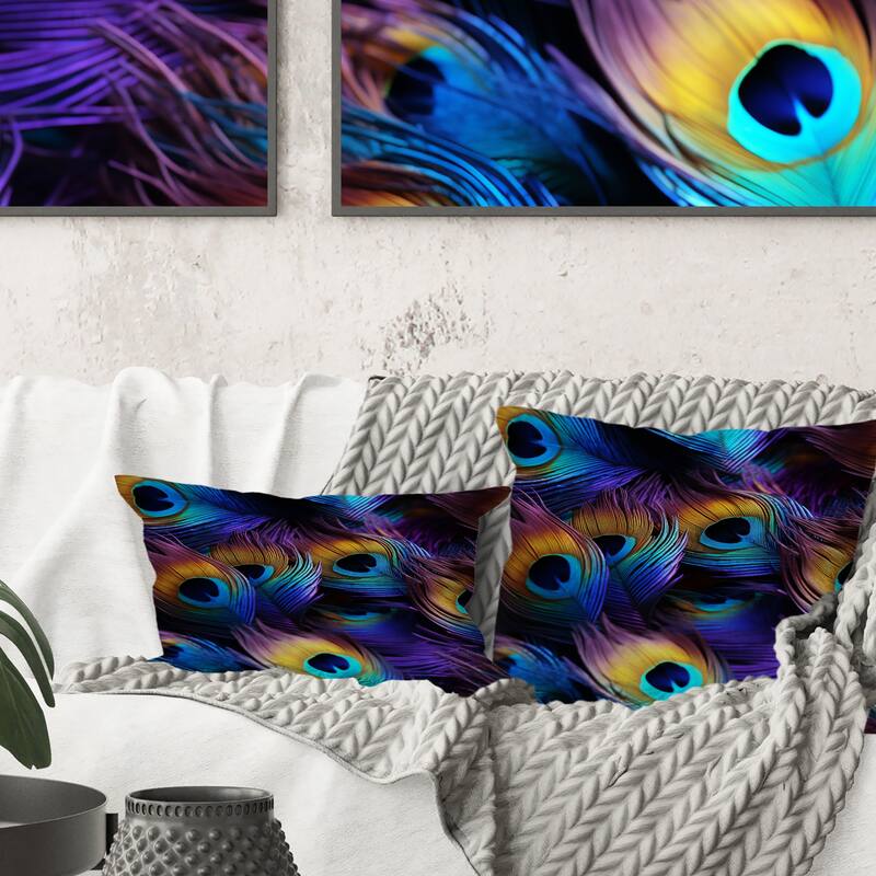 Designart "Blue And Pruple Vibrant Peacock Feather" Animal Print Printed Throw Pillow
