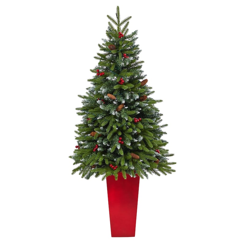 5' Potted Snow Tipped Mini Artificial Christmas Tree, Clear LED Lights - 5 Foot