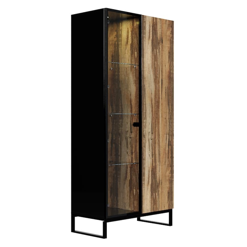 Glass Display Cabinet with LED Spotlight and Wood Grain Door Tall Aluminum Frame Curio Cabinet