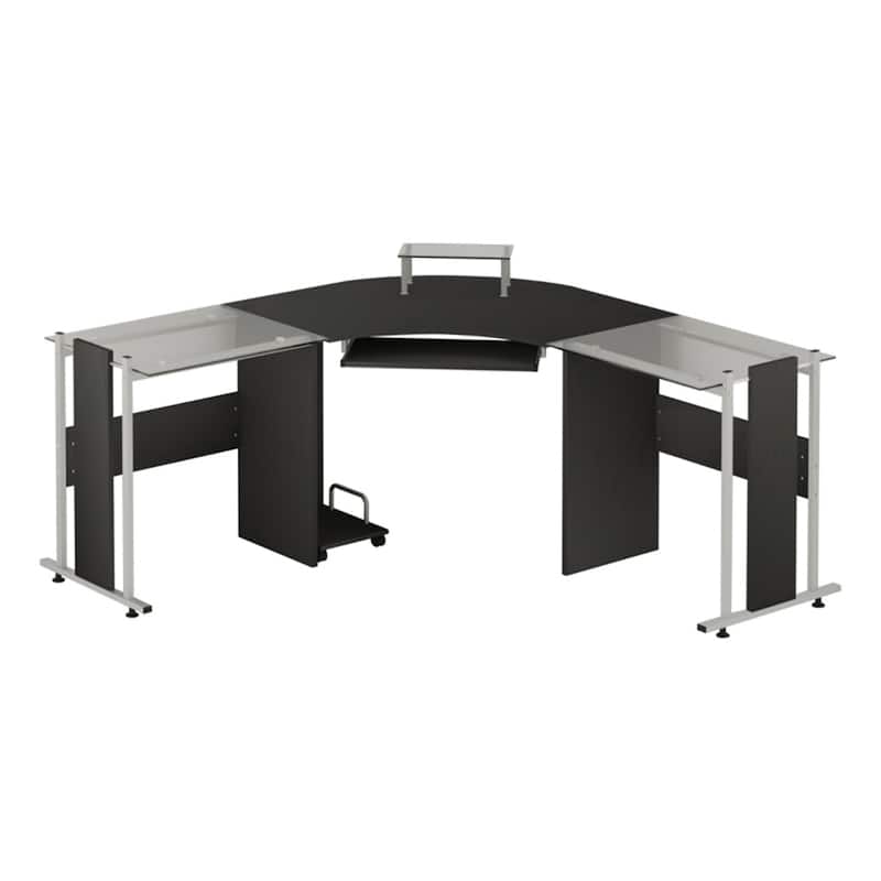 Modern Black MDF L-Shaped Home Office Desk with Tempered Glass Top and Rolling CPU Holder