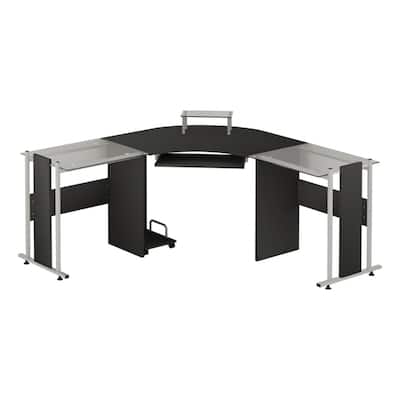 Modern Black MDF L-Shaped Home Office Desk with Tempered Glass Top and Rolling CPU Holder