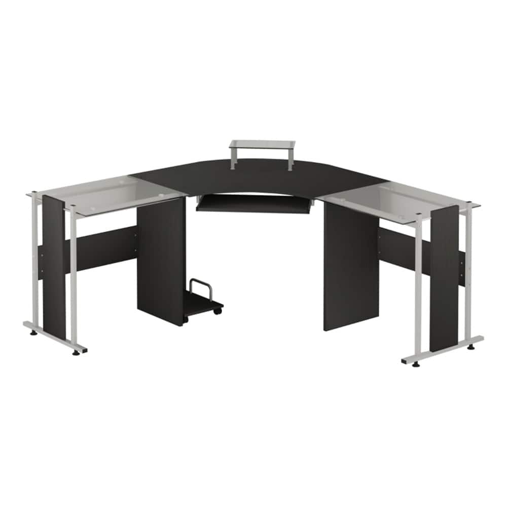Modern Black MDF L-Shaped Home Office Desk with Tempered Glass Top and Rolling CPU Holder