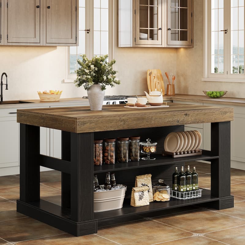 55-Inch Stationary Kitchen Island with Seating and Storage Shelves & Large Worktop, Farmhouse Style - 31.5"D x 55.12"W x 35.43"H - Black/Brown