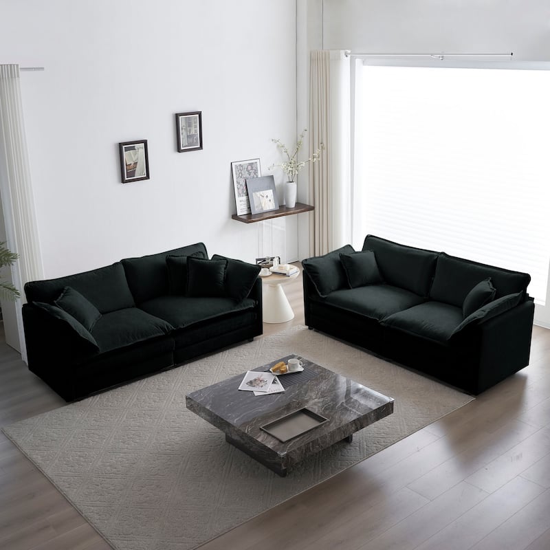 Black 3-Piece Chenille Sofa Set with 3-Seater Sofa and 2 Loveseat Sofas