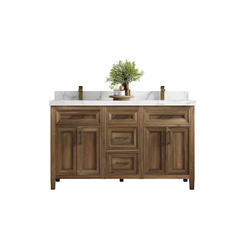 Willow Collections 60 x 22 Santa Monica Teak Double Bowl Sink Bathroom Vanity in Distressed Graywashed with Countertop