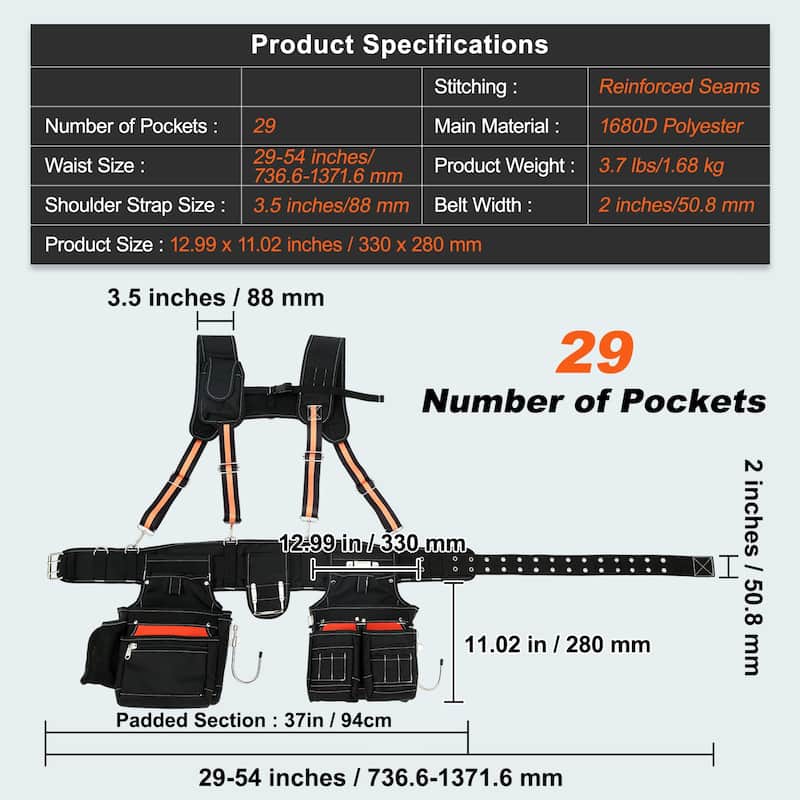 Black Polyester Adjustable Waist Strap Tool Belt with 29 Pockets Ideal for Men - 12.99 x 11.02 inches