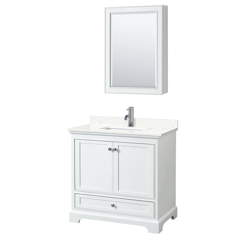 Deborah 36-inch Single Vanity, Quartz Top, Medicine Cabinet - White, Chrome Trim, Giotto Quartz Top