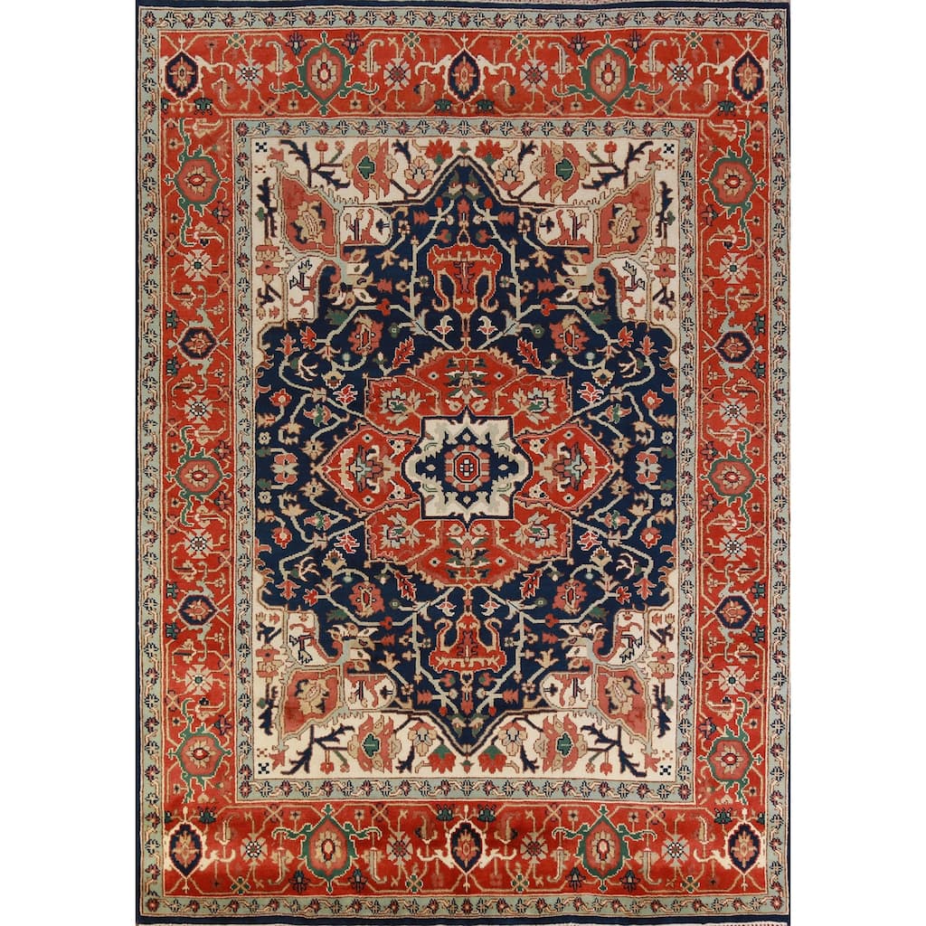 Hand Knotted Oriental 100% Wool Carpet Traditional Medallion Navy Blue & Blues Heriz (serapi) Area Rug - 11' 11'' X 9' 0''