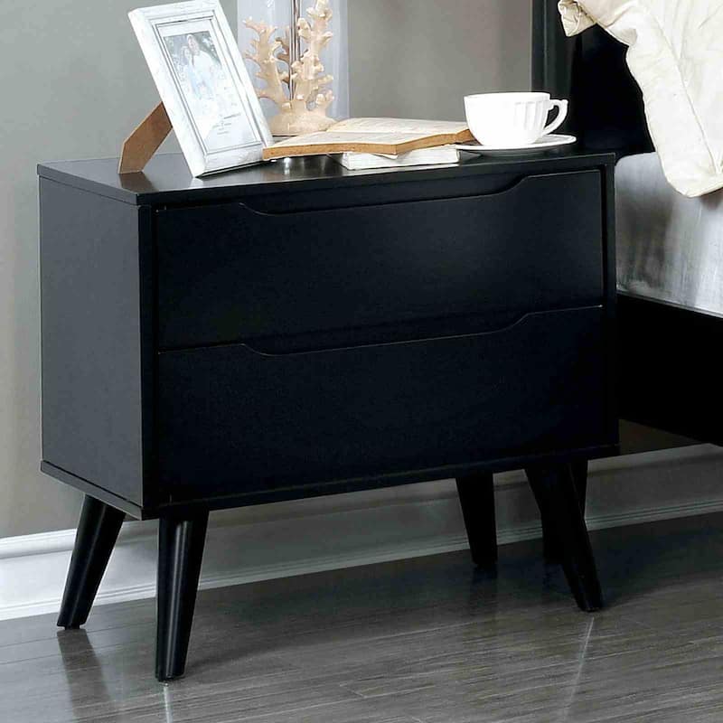 Black Finish Mid Century Modern Bedroom Furniture Set Bed Nightstand Dresser Mirror Chest