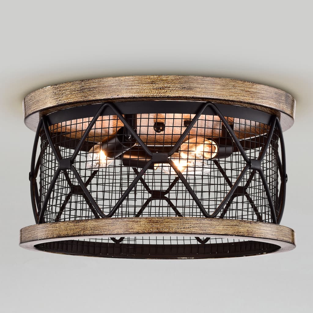 Julie Matte Black 3-Light Metal Drum Shade Flush Mount with Diamond Pattern and Geometric Design