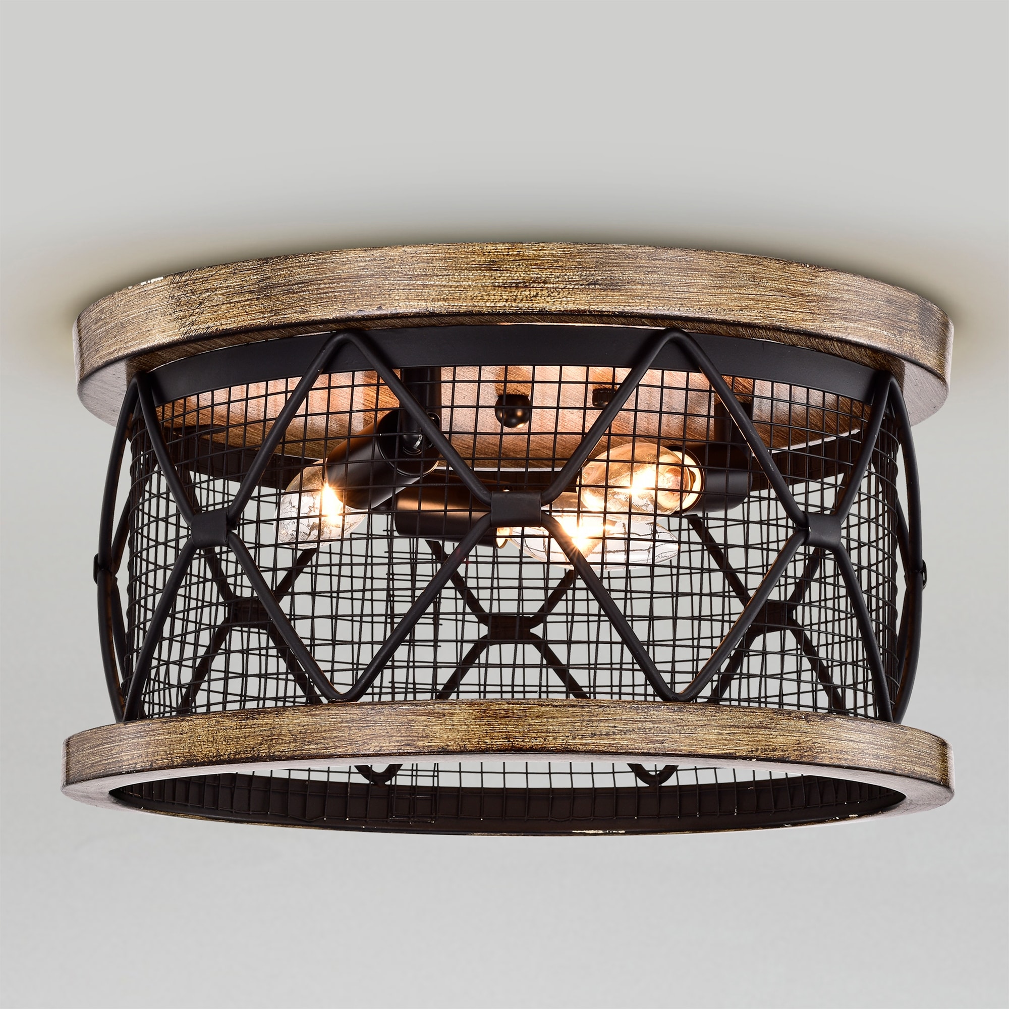 Warehouse of Tiffany Julie Matte Black 3-Light Metal Drum Shade Flush Mount with Diamond Pattern and Geometric Design