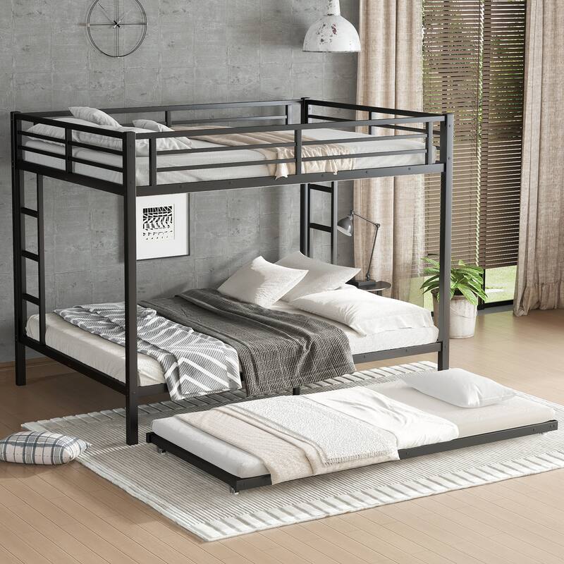 Metal Bunk Bed with Twin Size Trundle – Black Finish, Space-saving Design for Kids/Teens, Sturdy Frame, Easy Assembly