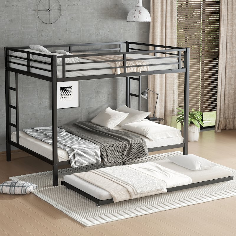 Queen over Queen Metal Bunk Bed with Twin Size Trundle