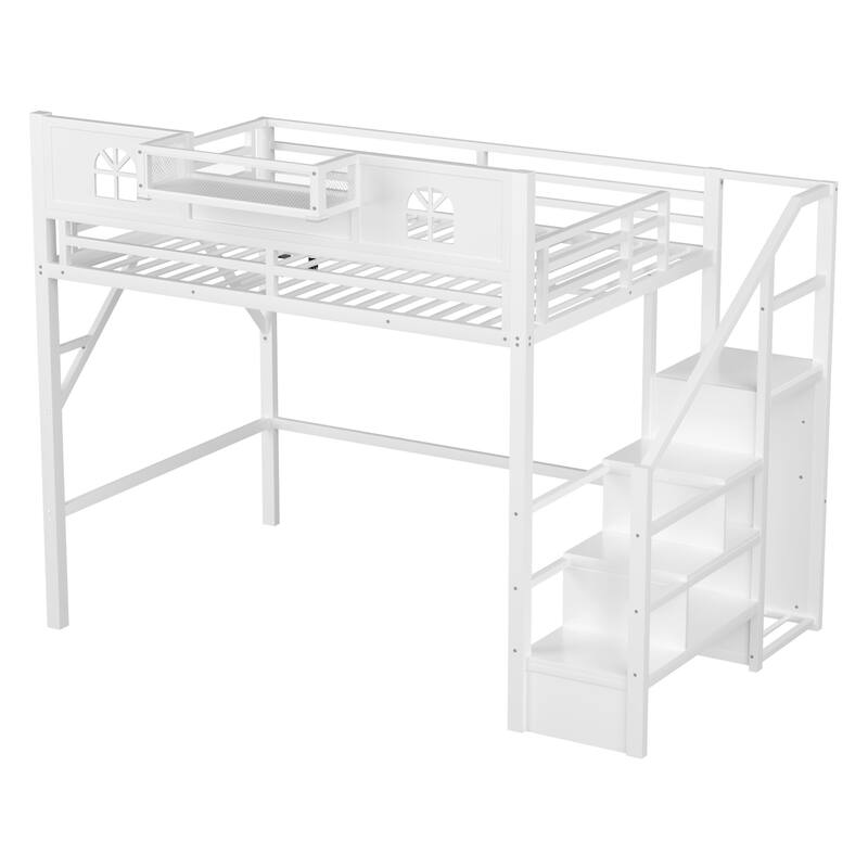 Roomfitters Full/Queen Metal Loft Platform Bed, Staircase Wardrobe and LED Charging Station with House Guardrails for Bedrooms