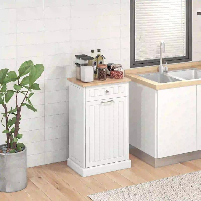 Kitchen Tilt Out Trash Bin Cabinet Free Standing Recycling Trash - White