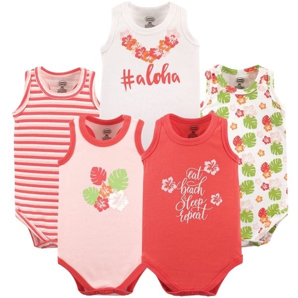 slide 1 of 1, Luvable Friends Baby Girl Cotton Sleeveless Bodysuits 5pk, #Aloha 0-3 Months - #Aloha