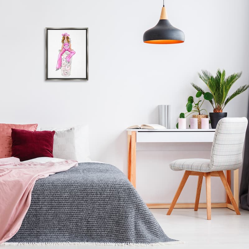 Stupell Pink Cowgirl & Disco Balls Framed Floater Canvas Wall Art Design By Ziwei Li