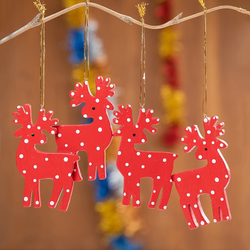 Novica Handmade Cheerful Polka Dot Reindeer Wood Ornaments (Set Of 4)