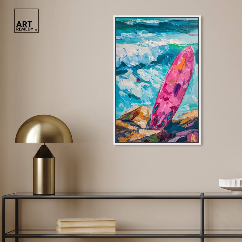 Art Remedy Just A Little Break Wave Framed Colorful Coastal 1 Piece Canvas Wall Art
