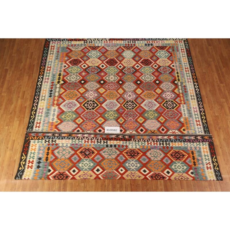 Geometric Kilim Oriental Area Rug Reversible Flatweave Wool Carpet - 10'3"x 13'0"