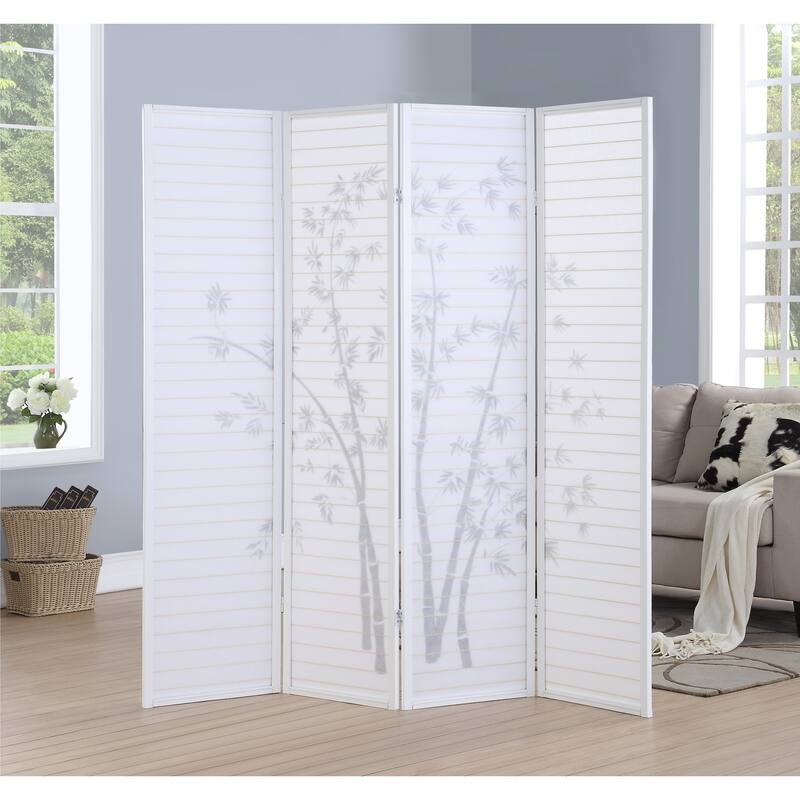 Bamboo Print 4-Panel Framed Room Screen/Divider, Screen Wall Divider for Room Separation Freestanding Partition Separators,White