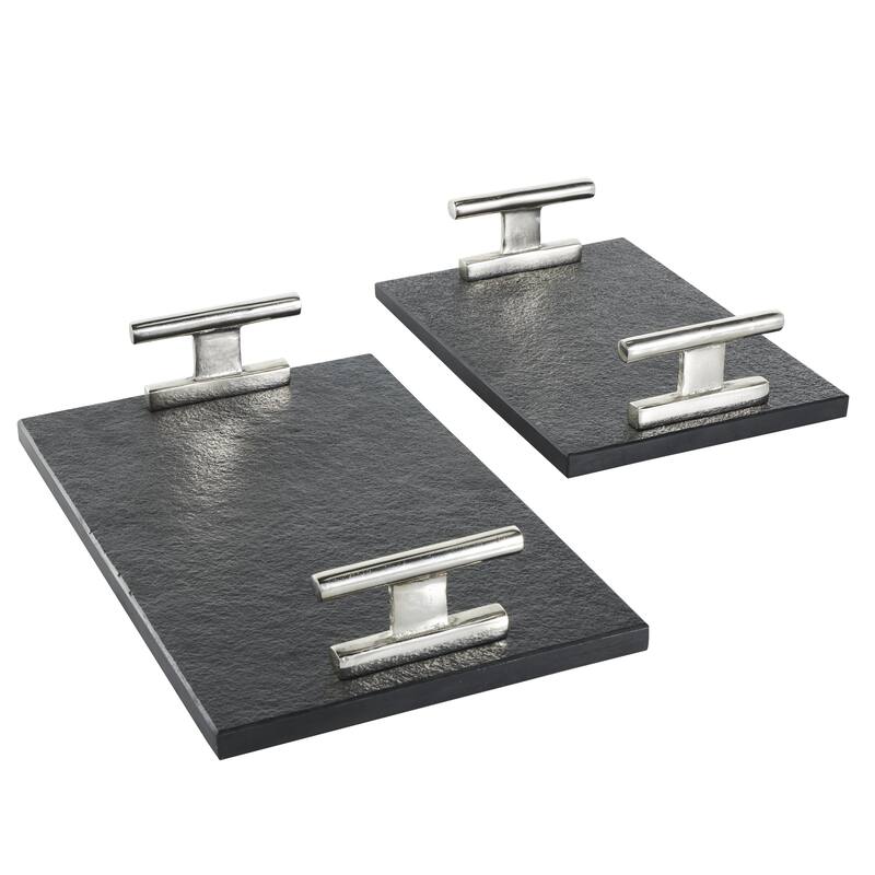 Black Marble Textured Living Room Decor Tray with Silver or Black Rod Handles (Set of 2)