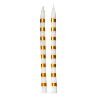 Gold Stripes Taper Candles - 12" Decorative Flame Candles for Christmas, Paraffin Wax, 6 Hour Burn Time, Set of 2