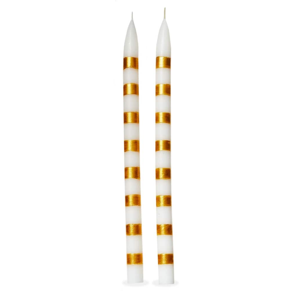 Gold Stripes Taper Candles - 12" Decorative Flame Candles for Christmas, Paraffin Wax, 6 Hour Burn Time, Set of 2