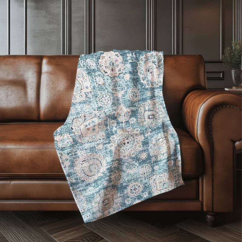 Premium Machine Washable Vintage Persian Sherpa Throw Blanket - Teal - 4'2" x 5'10"