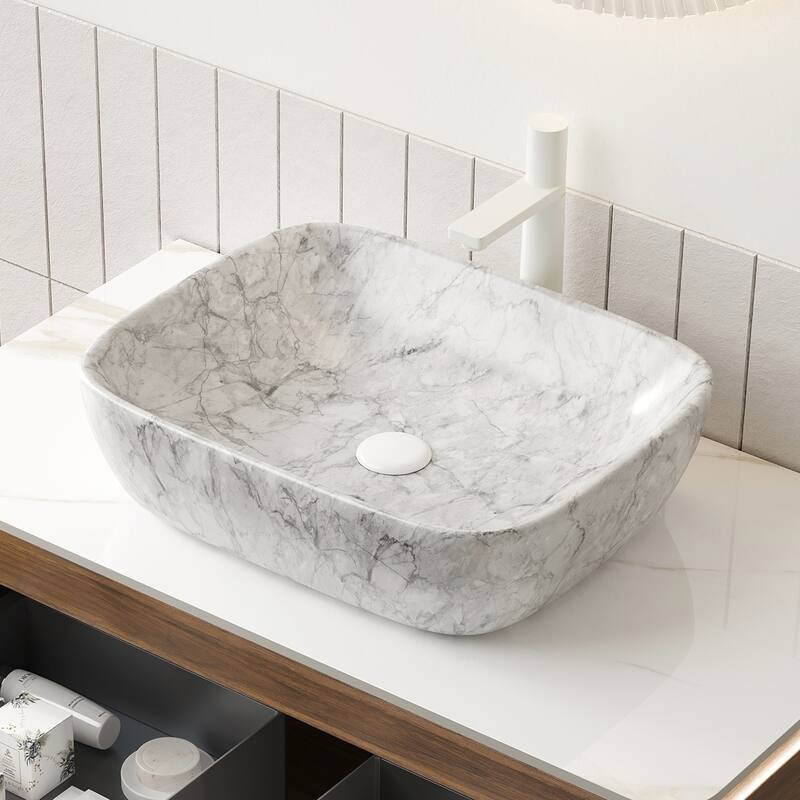 19" Bathroom Ceramic Sink without Cabinet, Volakas White Marble