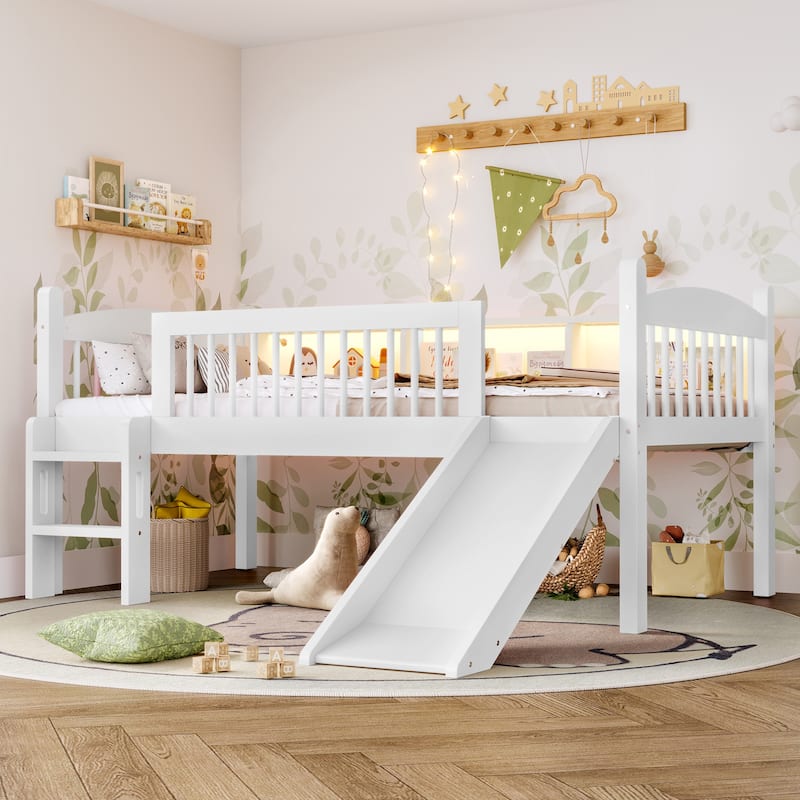 Roomfitters Twin XL Low Loft Bed with Storage Shelves and LED Lights, Solid Wood Frame