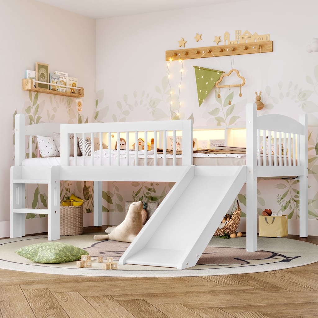 Roomfitters Twin XL Low Loft Bed with Storage Shelves and LED Lights, Solid Wood Frame