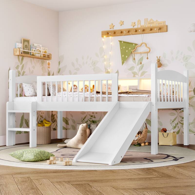 Twin XL Loft Bed with Storage Shelves, LED Lights & Guardrails - White - Twin XL