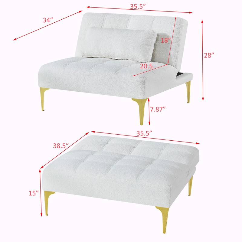 Convertible Sofa Bed Futon with Gold Metal Legs in Teddy Fabric
