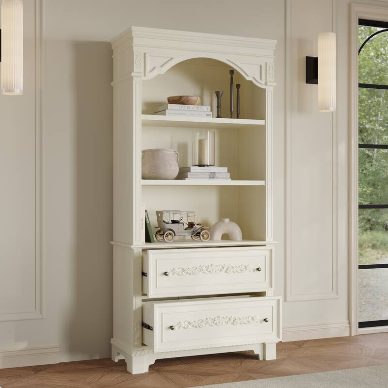 Vintage White Display Cabinet with Shelves and Drawers, Antique Bronze Handles, Hand-Rubbed Finish, Elegant Bookshelf
