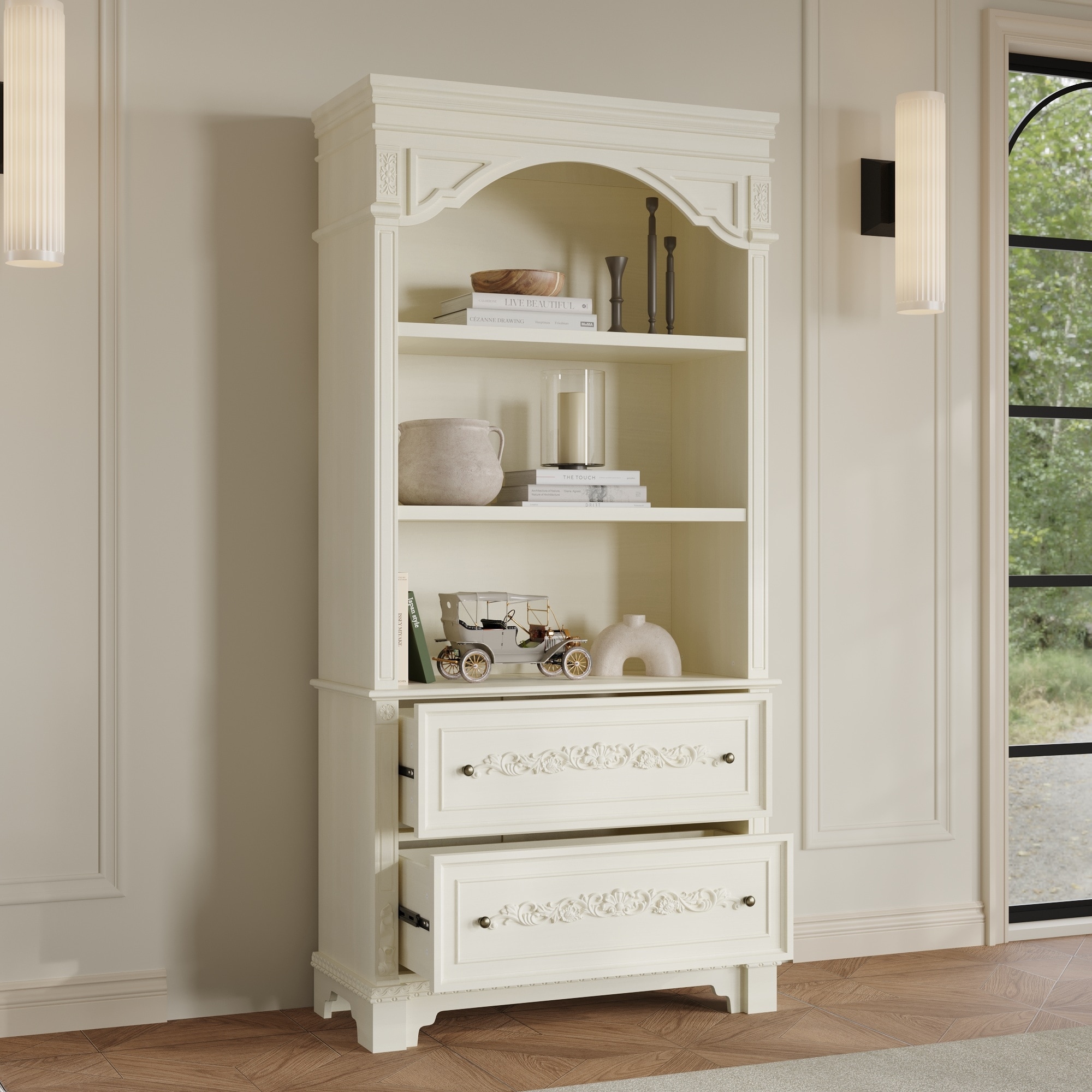 Vintage White Display Cabinet with Shelves and Drawers, Antique