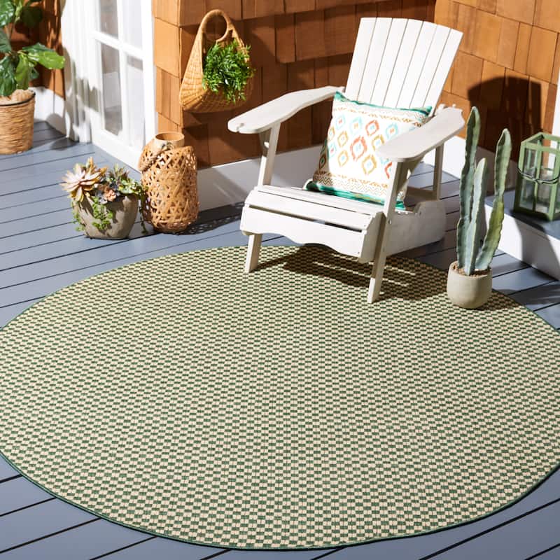SAFAVIEH Courtyard Rosemie Indoor/ Outdoor Waterproof Patio Backyard Rug - 6'7" Round - Dark Green/Beige