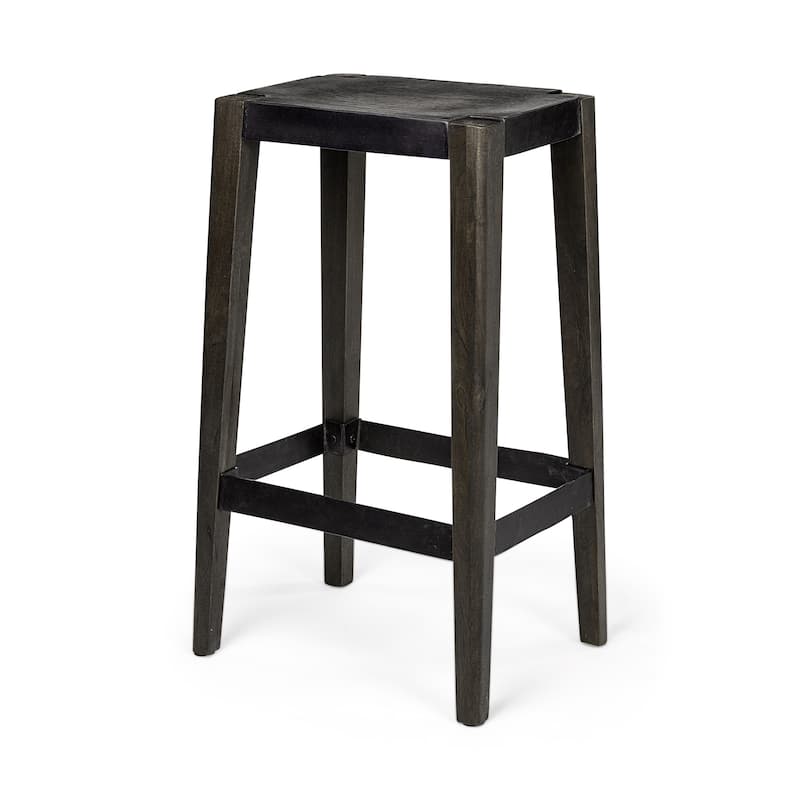 HomeRoots 30" Black Iron and Solid Wood Backless Bar Height Bar Chair