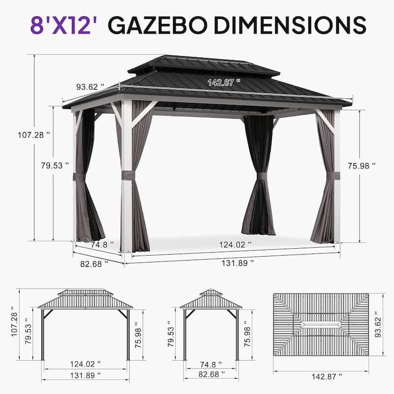 PURPLE LEAF Patio Hardtop Gazebo for Outdoor Grey Galvanized Steel Double Roof White Aluminum Poles