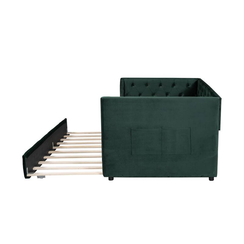 Twin Velvet Tufted Daybed with Trundle & Storage - 400LB Capacity