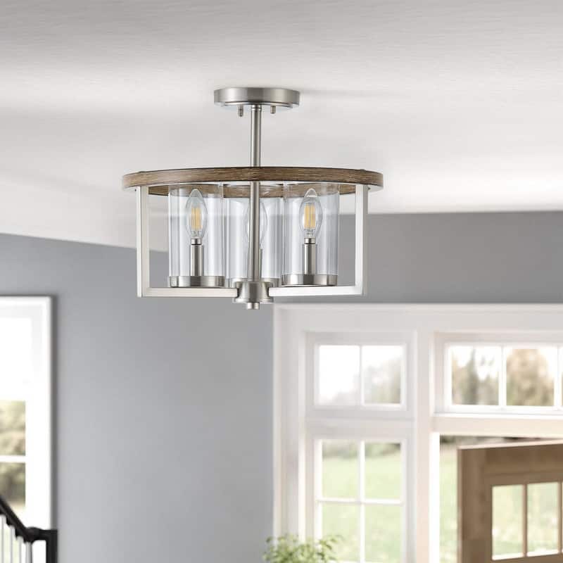 Farmhouse Semi Flush Mount Ceiling Light Rustic 3 Light Brushed Nickel Fixture with Clear Glass Shades