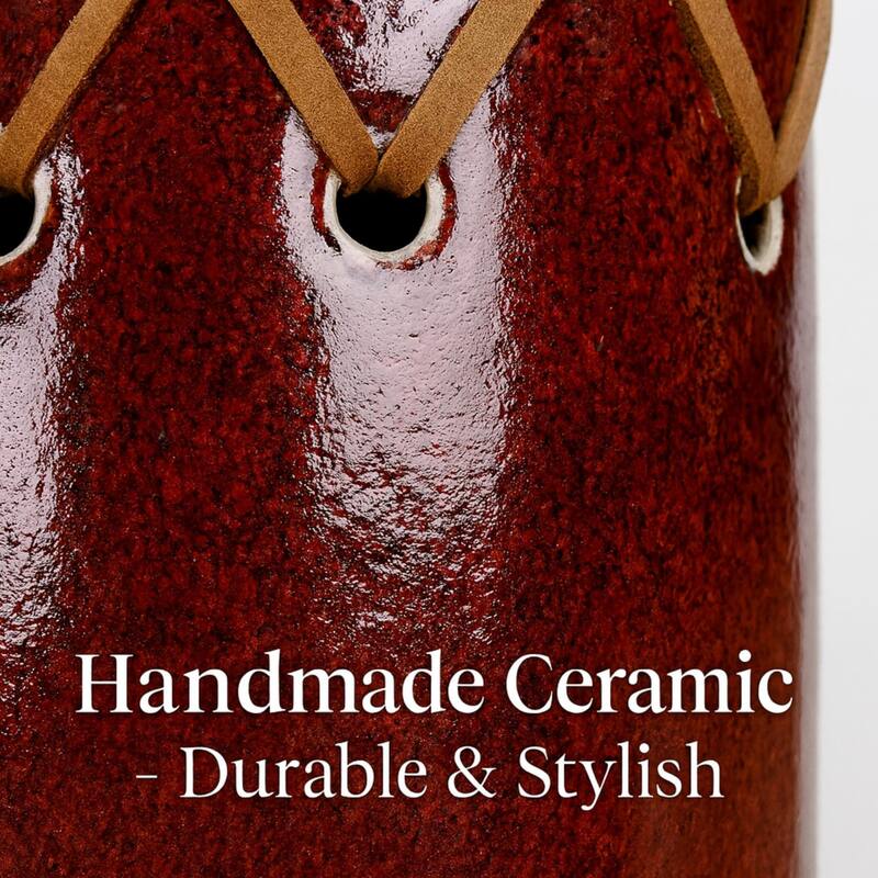 Aria Home Oblong Red Ceramic Vase With Leather Stitch Santa Fe Art