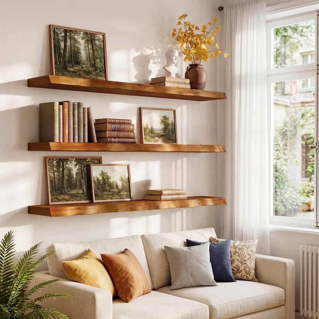 47.24" Solid Wood Floating Shelves for Wall Set of 3, Extra Long Wall Shelves, Wall Decor for Books