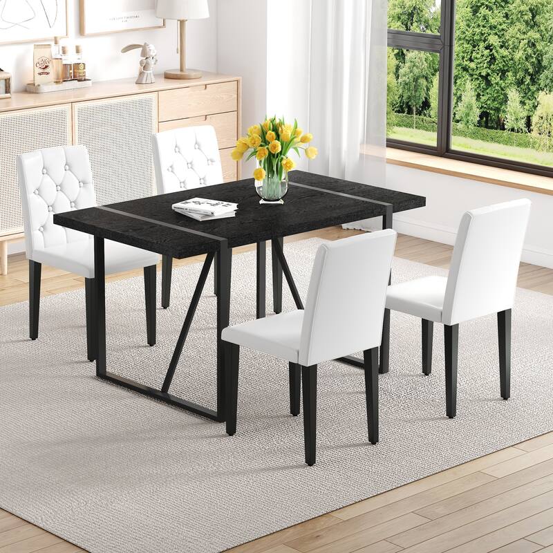 5-Piece Dining Table Set, Kitchen Table with 4 Faux Leather Chairs - White+Black
