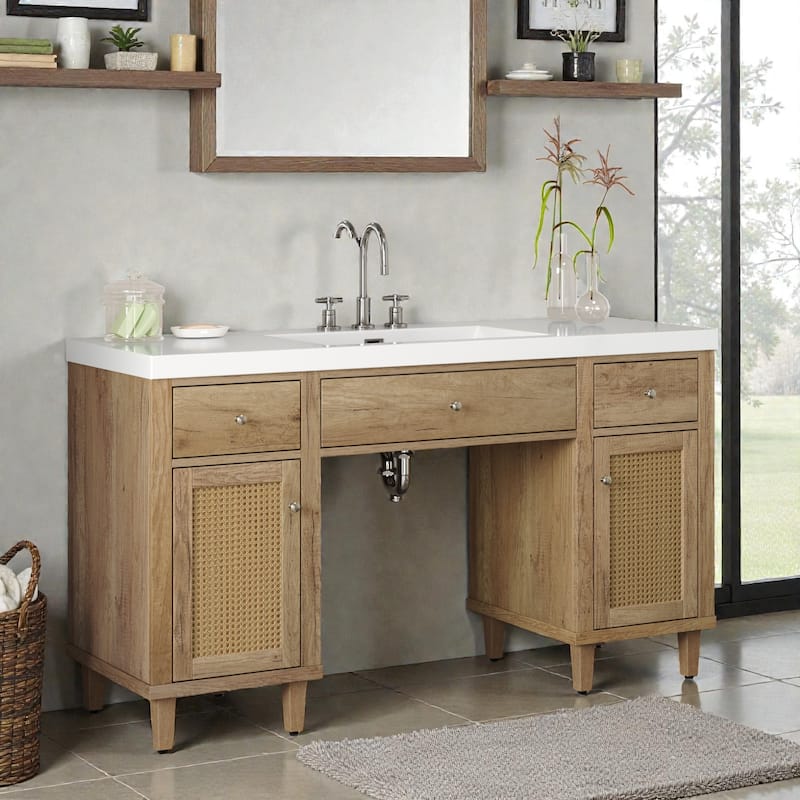 60" Bathroom Vanity with SMC Sink, Freestanding Single Sink Cabinet with Soft-Close Drawers, Tip-Out Tray & Rattan Doors