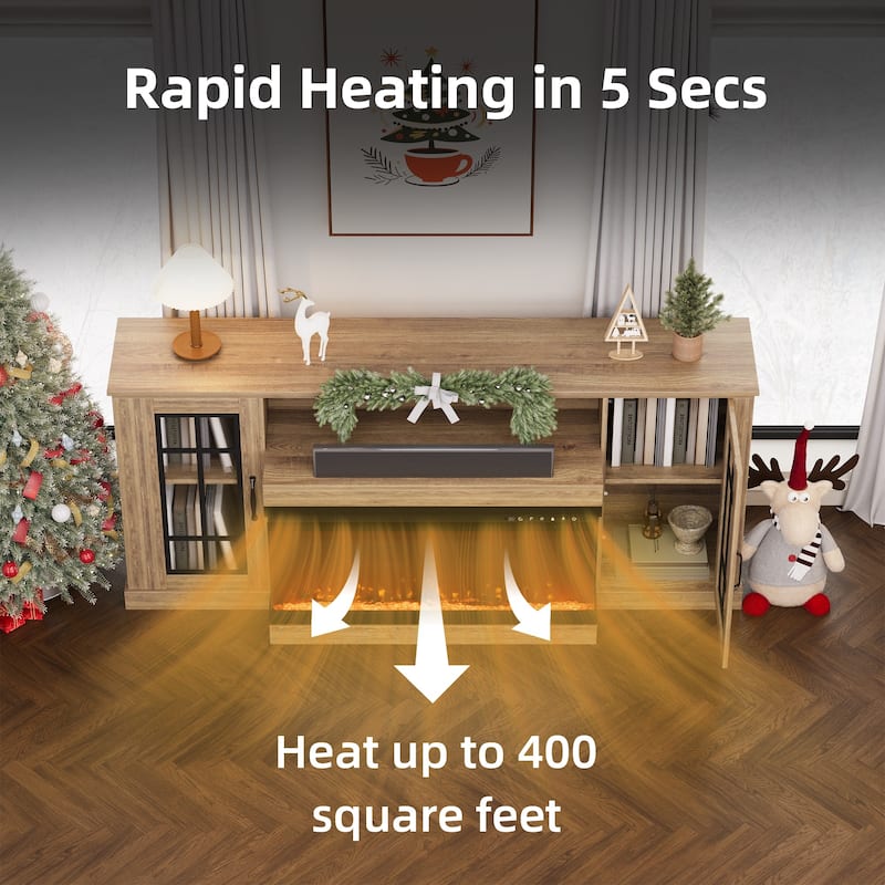 70" Fireplace TV Stand with 3-Sided Glass, ETL Certified, 12 Flame Colors, Realistic Ember Bed, Accommodates TVs up to 80"